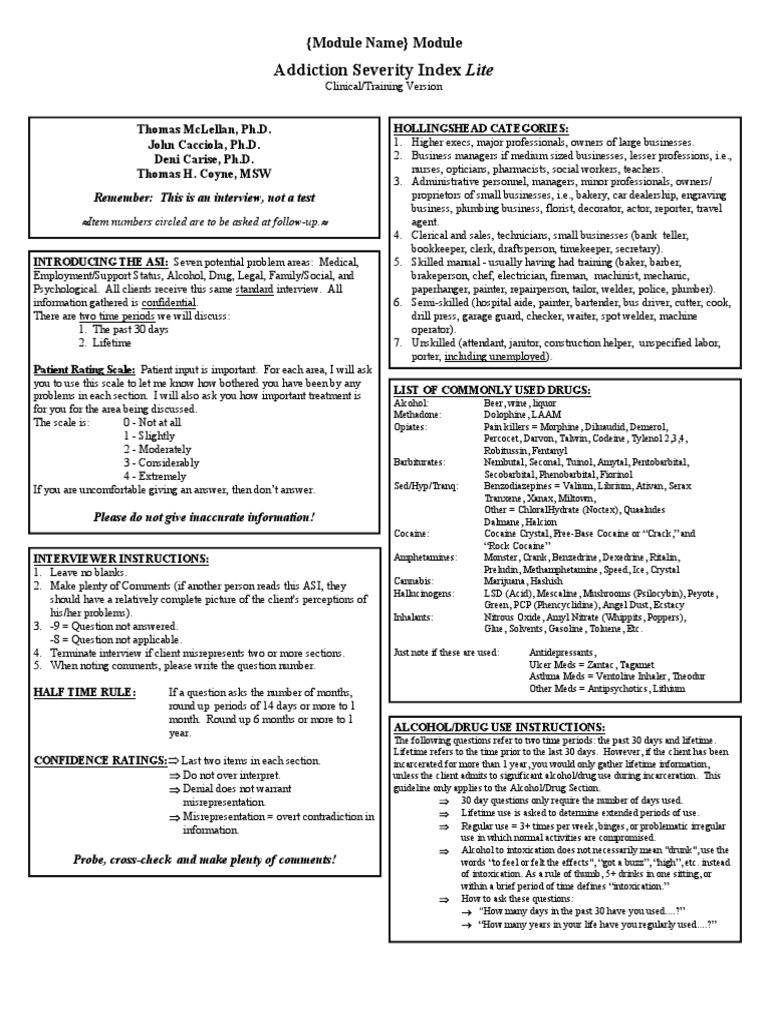 Printable Blank Addiction Severity Index
