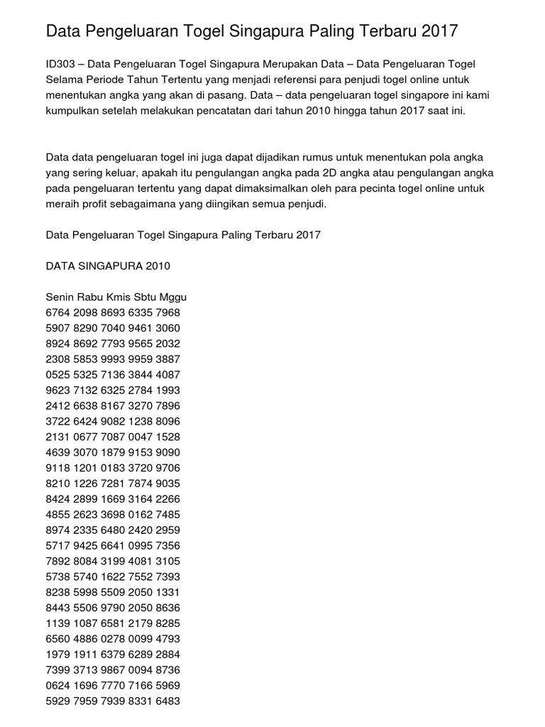 Data Pengeluaran Togel Singapura Paling Terbaru 2017