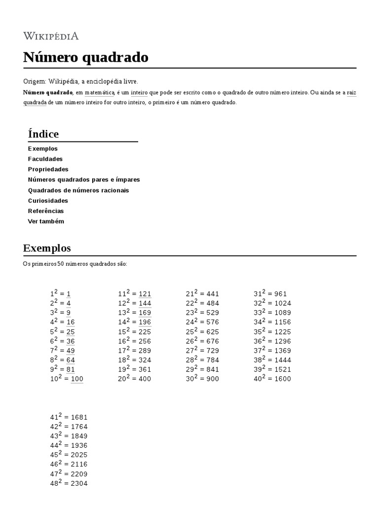 Números quadrados: propriedades e exemplos | PDF | Funções e ...
