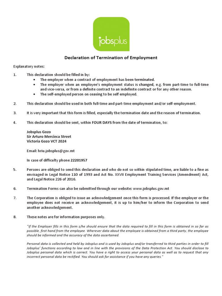 A Change in Employment Status Documenting the Termination of Work