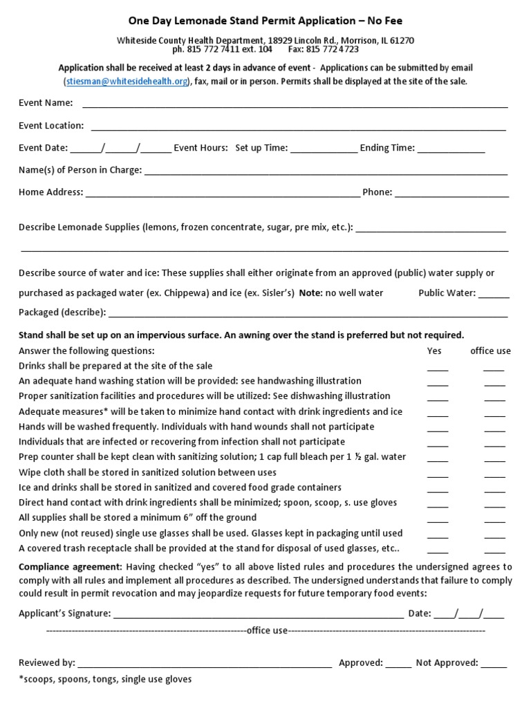 Lemonade Stand Permit Application PDF Lemonade Hand Washing