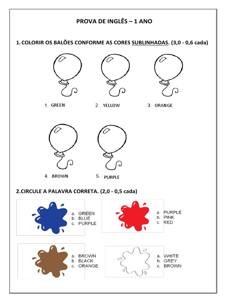 Prova de Inglês - 1o Ano | PDF