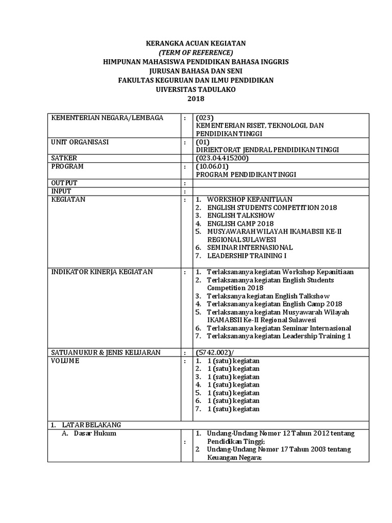 Tor Term Of Reference Kerangka Acuan Kegiatan Kelembagaan Mahasiswa Pdf
