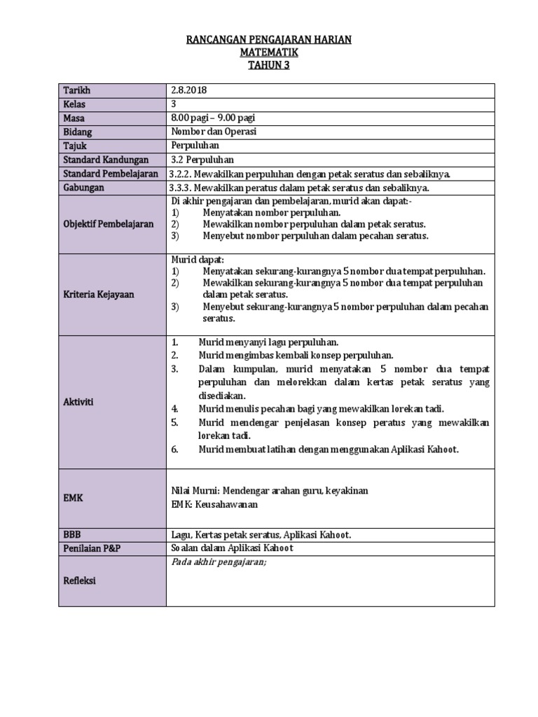 contoh rph matematik tahun 3 kssr semakan