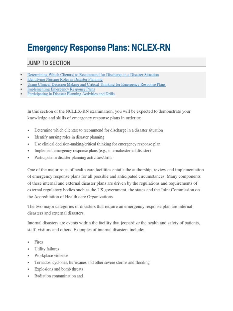 Emergency Response Plans NCLEXRN Jump To Section PDF Emergency