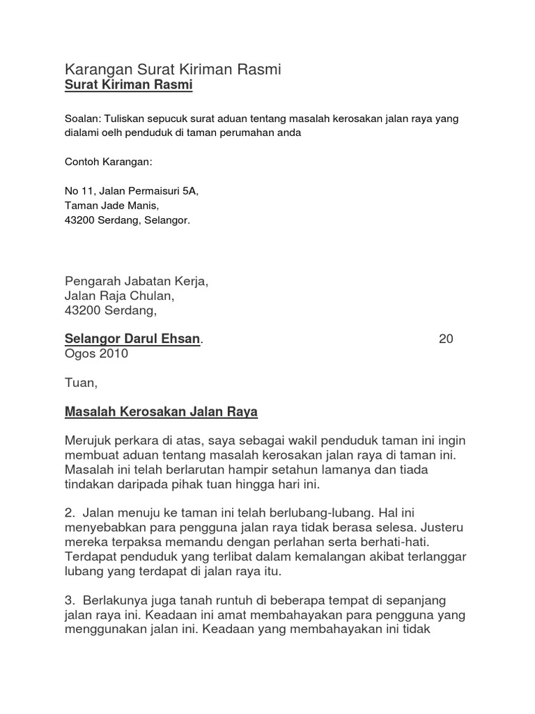 Karangan Surat Kiriman Rasmi