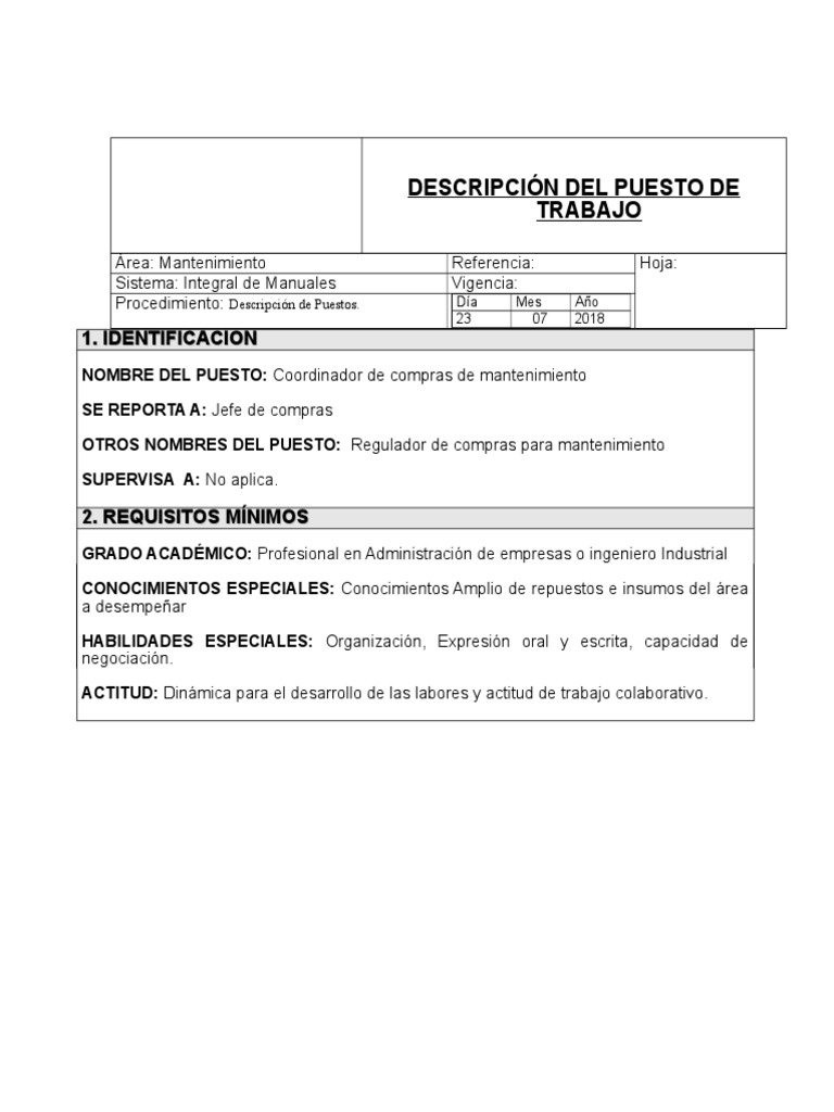 Descripción Del Puesto de Trabajo Compras