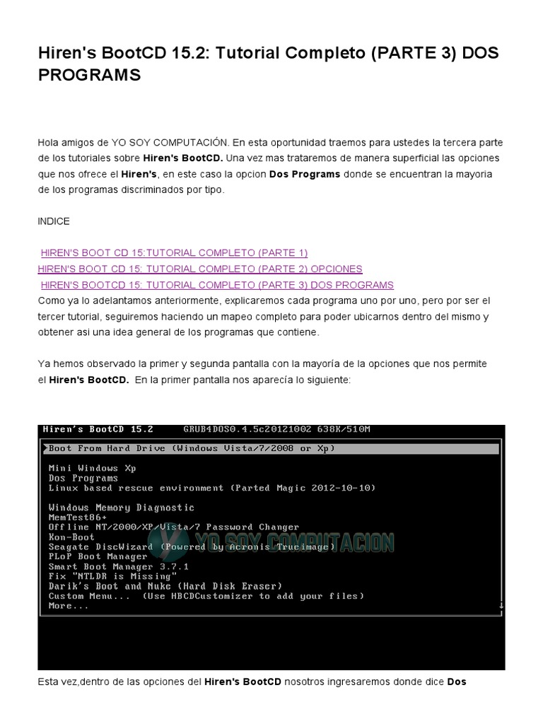 Hiren's BootCD 15.2: Opciones DOS | PDF | Disco duro | Archivo de ...