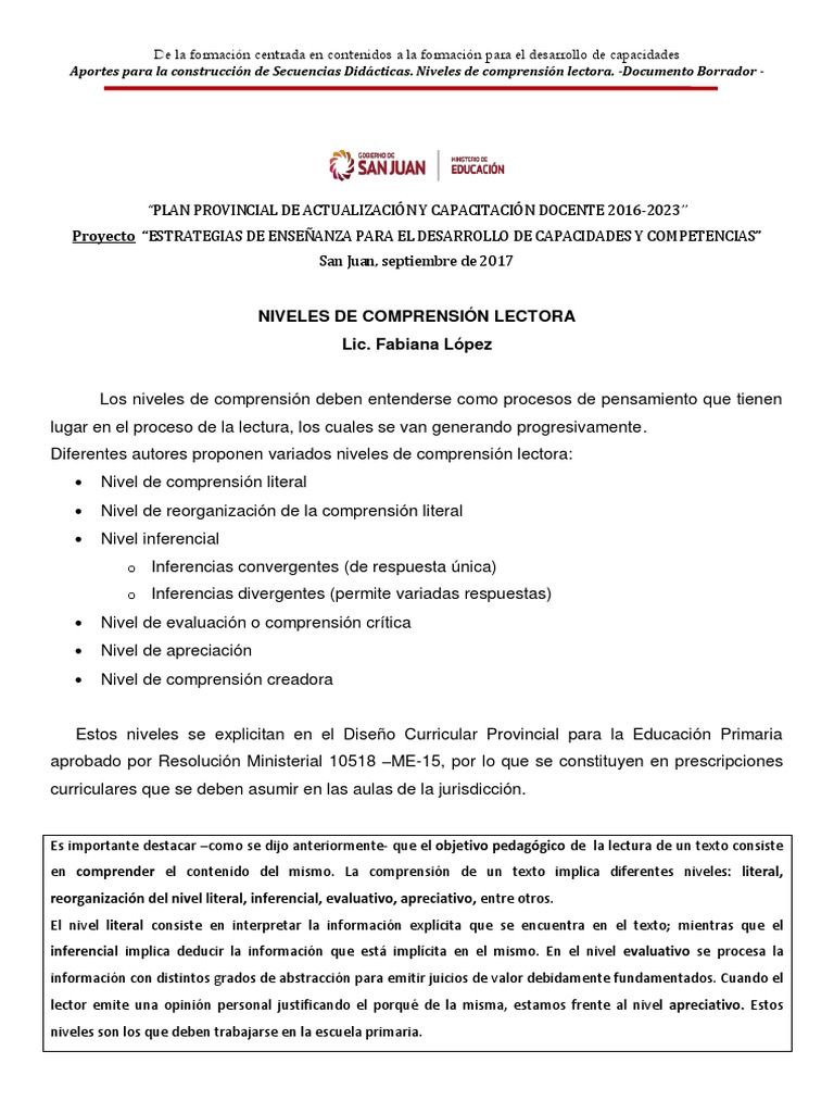 Niveles de Comprensión Lectora en Educación | PDF | Comprensión lectora ...