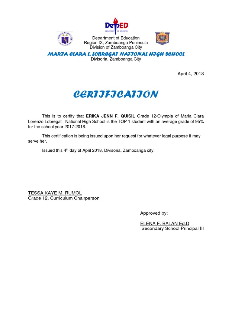 Certificate of Ranking for Top Student | PDF | Learning | Educational ...