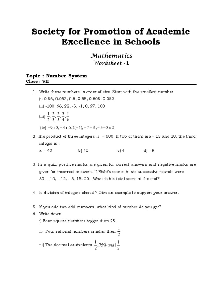 Class VII Number System Exercises | PDF | Numbers | Integer