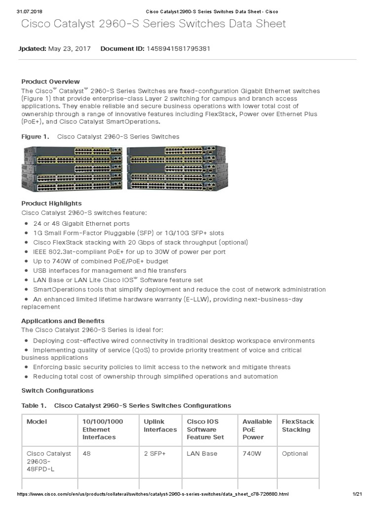 Cisco Catalyst 2960 S Series Switches Data Sheet Cisco Network Switch Computer Network