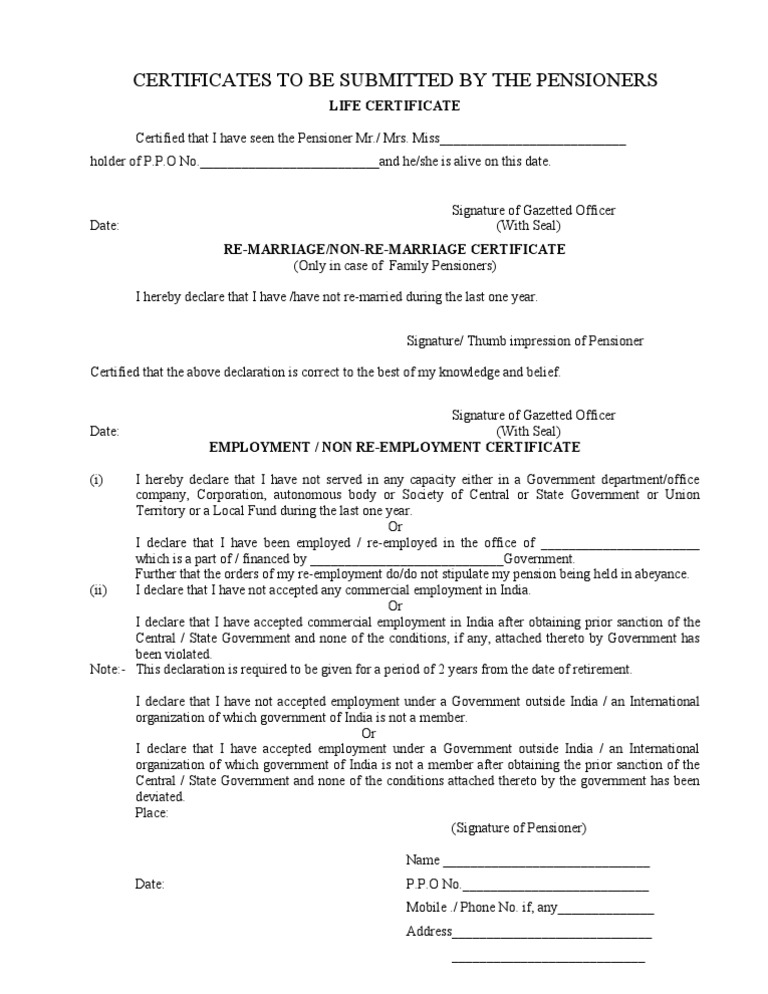 Certificates To Be Submitted By The Pensioners Life Certificate