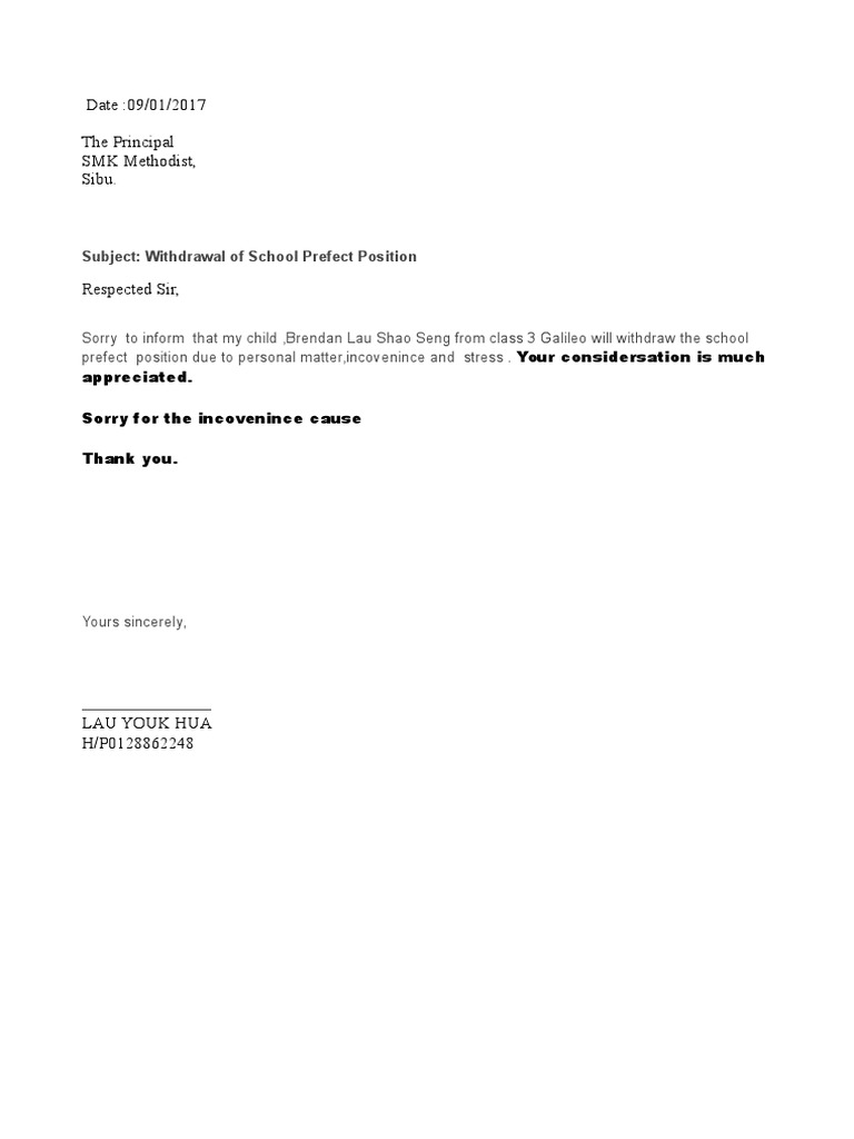 Withdrawal of School Prefect Position | PDF