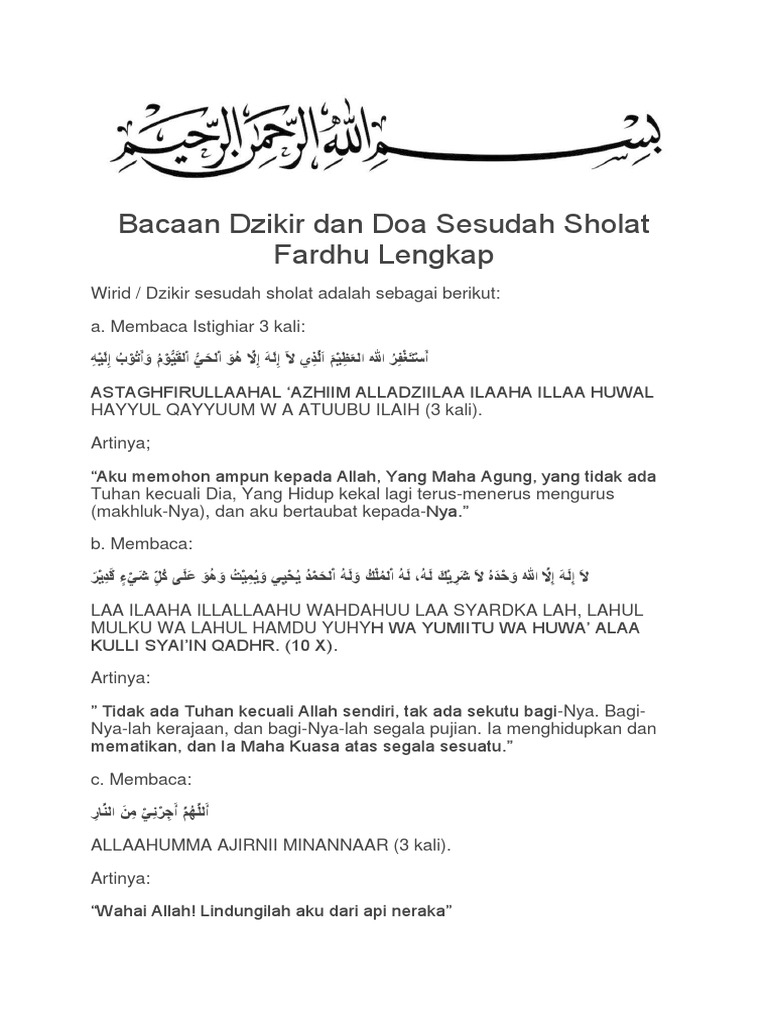 Bacaan Dzikir Sesudah Sholat Fardhu