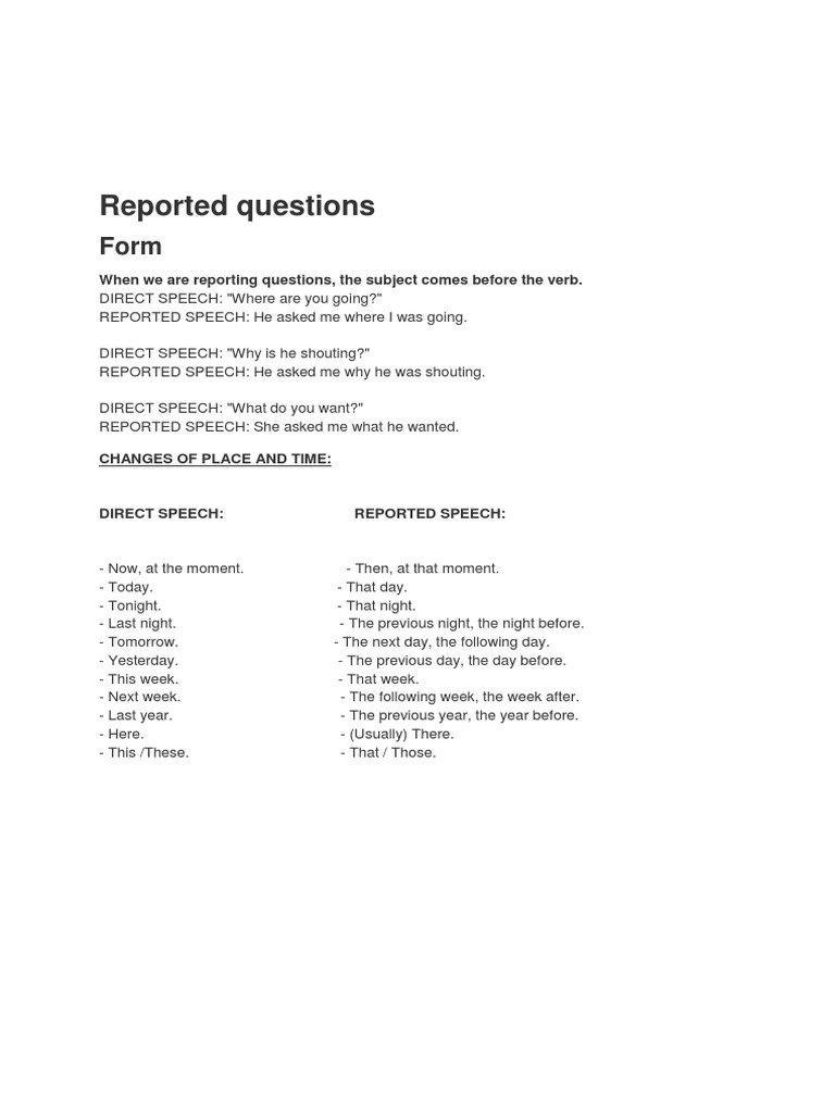 Reported Questions: When We Are Reporting Questions, The Subject Comes ...