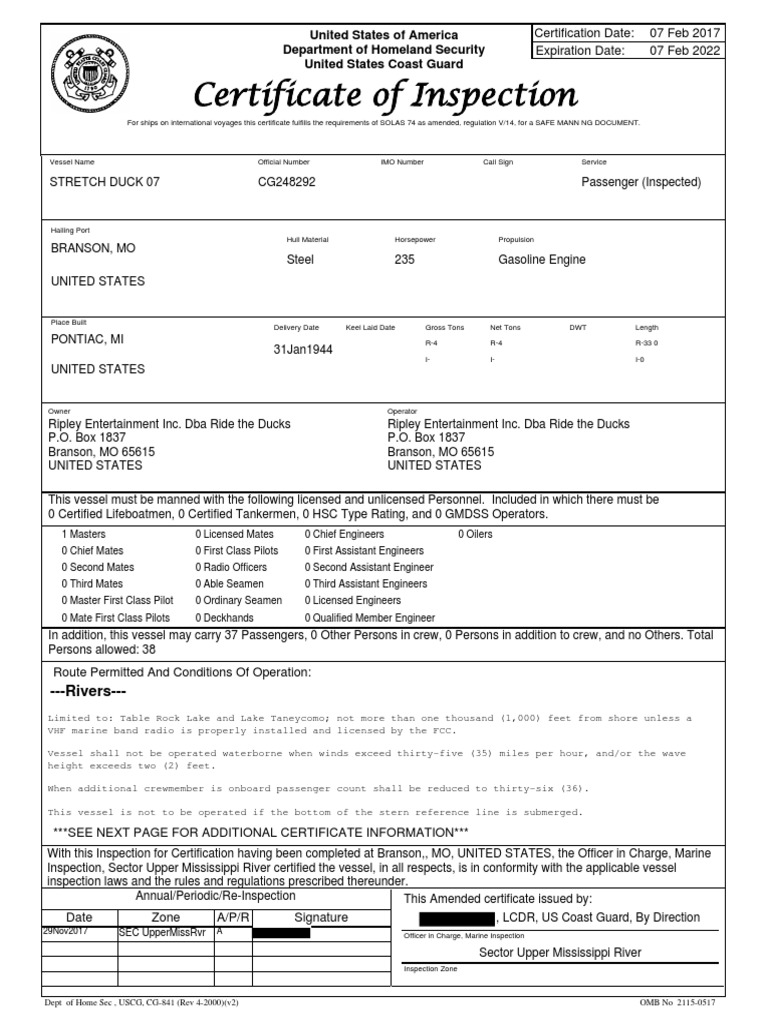 Coast Guard Certificate of Inspection for Stretch Duck 07 Sailor