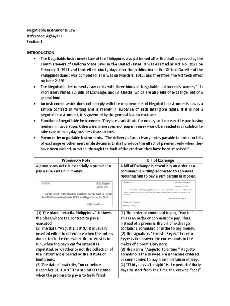 NIL Intro and Sec. 1 Reviewer | PDF | Negotiable Instrument ...