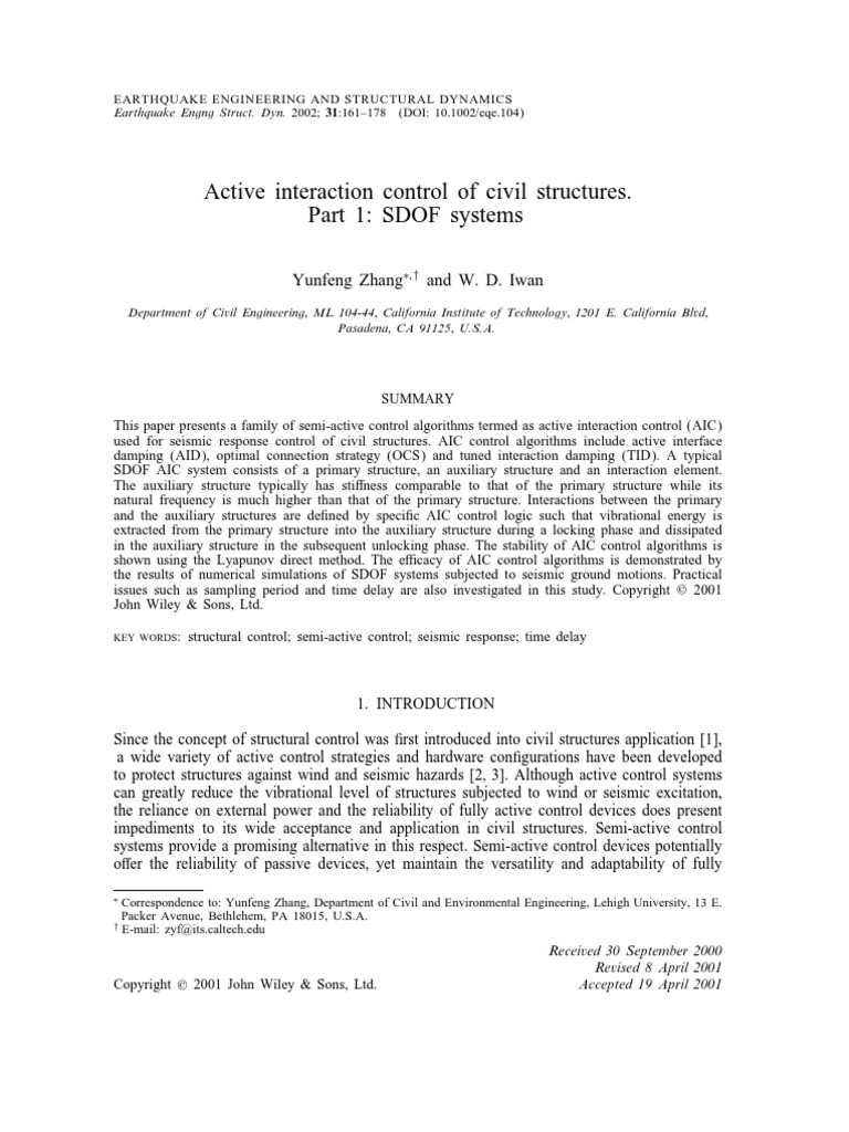 Active Interaction Control of Civil Structures. Part 1: SDOF Systems ...