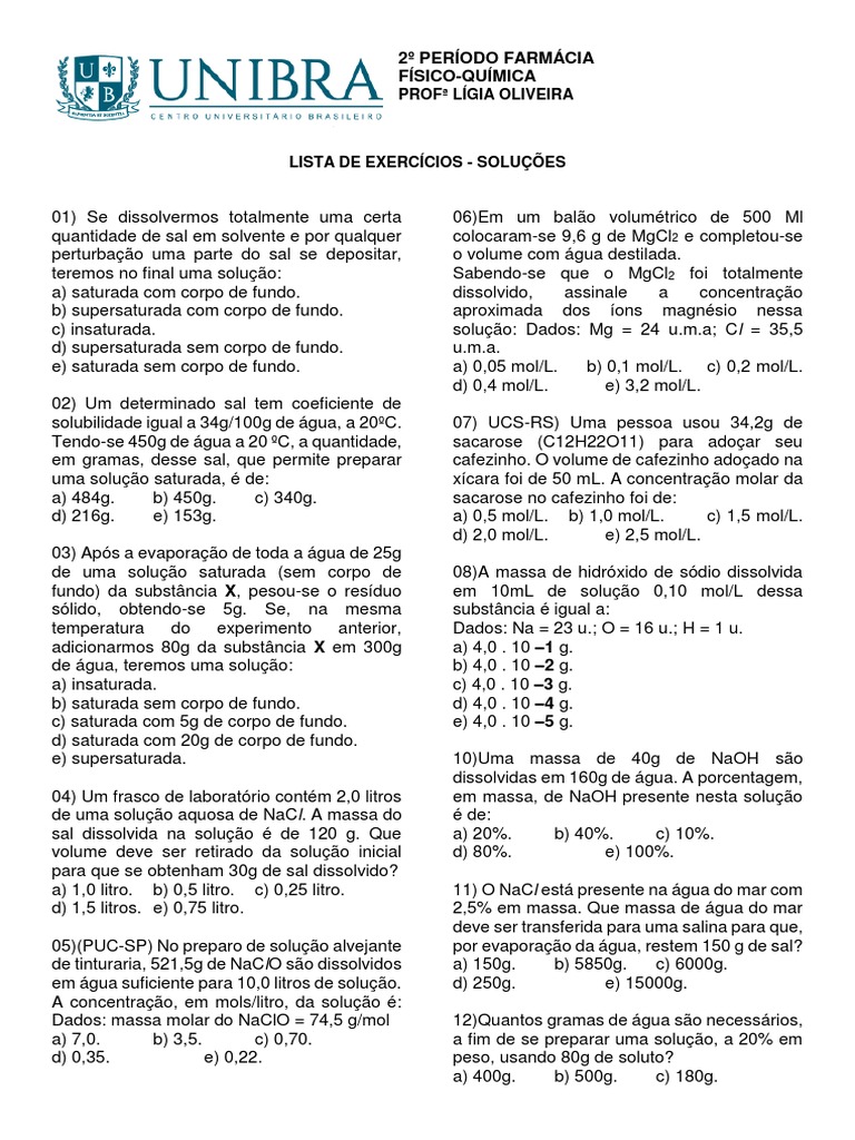 1 Lista de Exercícios - Soluções | PDF | Concentração molar | Solução
