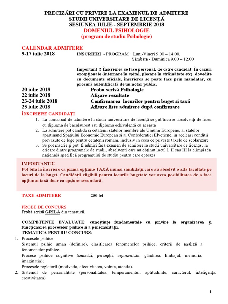 Admitere Psihologie 2018