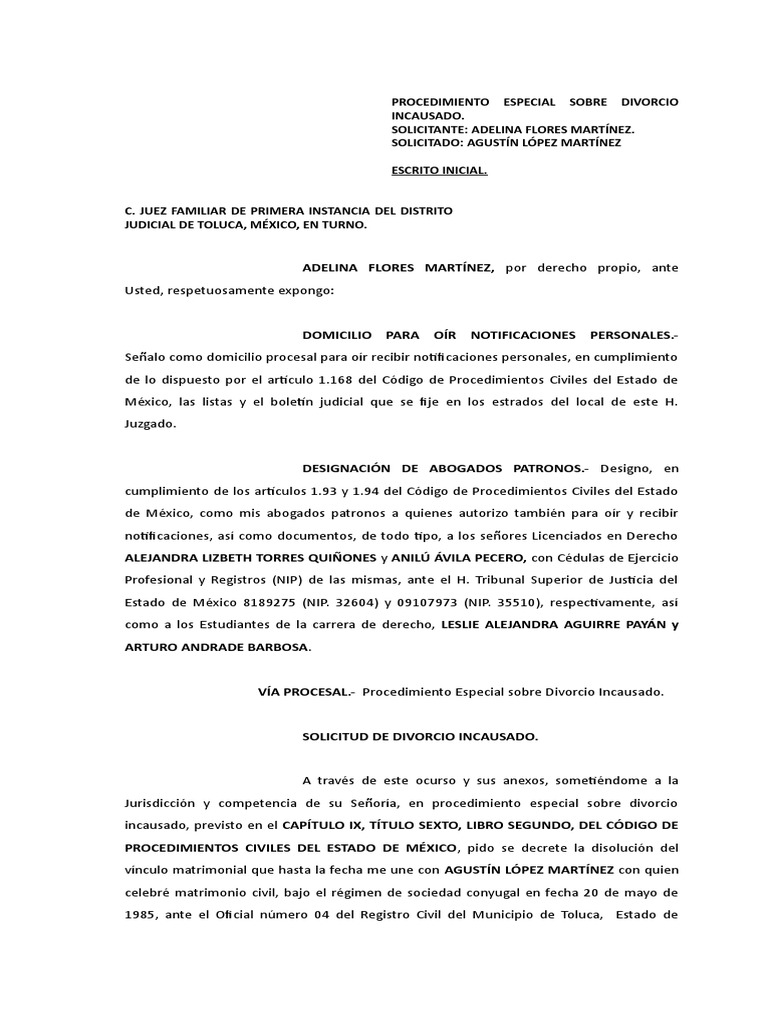 Modelo de demanda Divorcio Incausado Manutención de los hijos Divorcio
