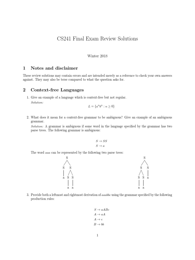 CS241 Final Exam Review Solutions: 1 Notes and Disclaimer | PDF ...
