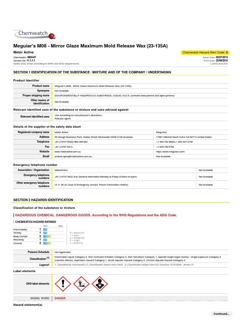 Meguiar's M08 Mirror Glaze Maximum Mold Release Wax (23135A) PDF