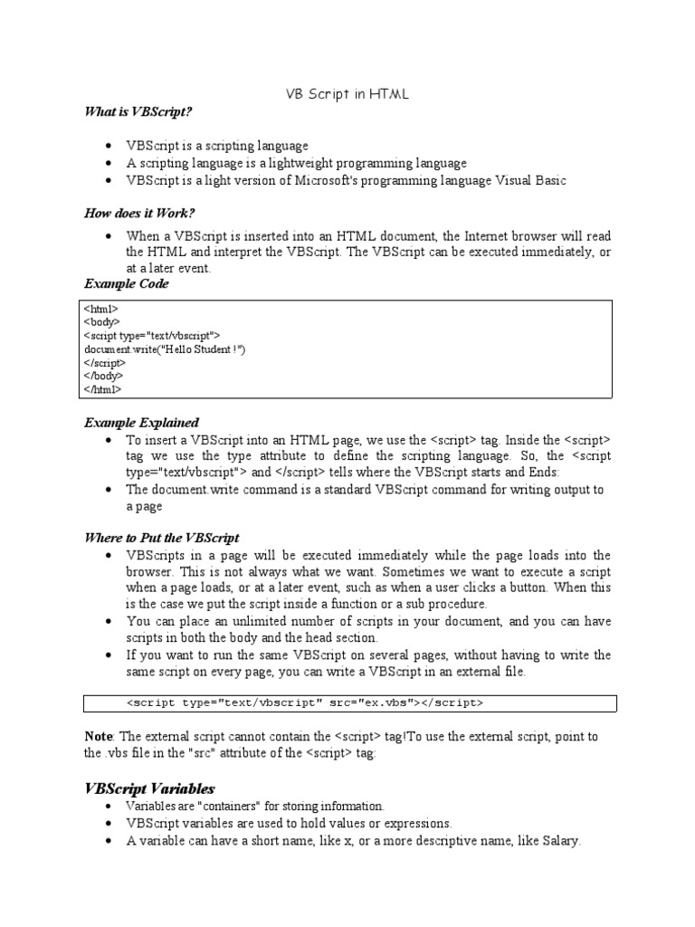 Vb script in html pdf scripting language html element