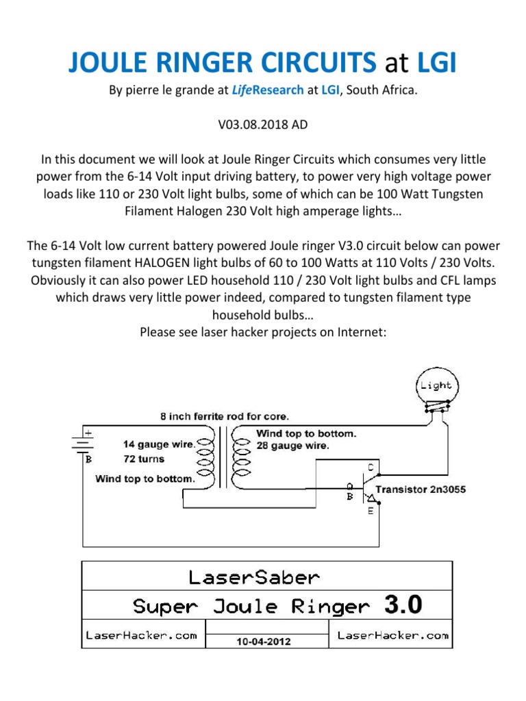 Joule Ringer Circuits at LGI, V29.07.2018AD Download Free PDF