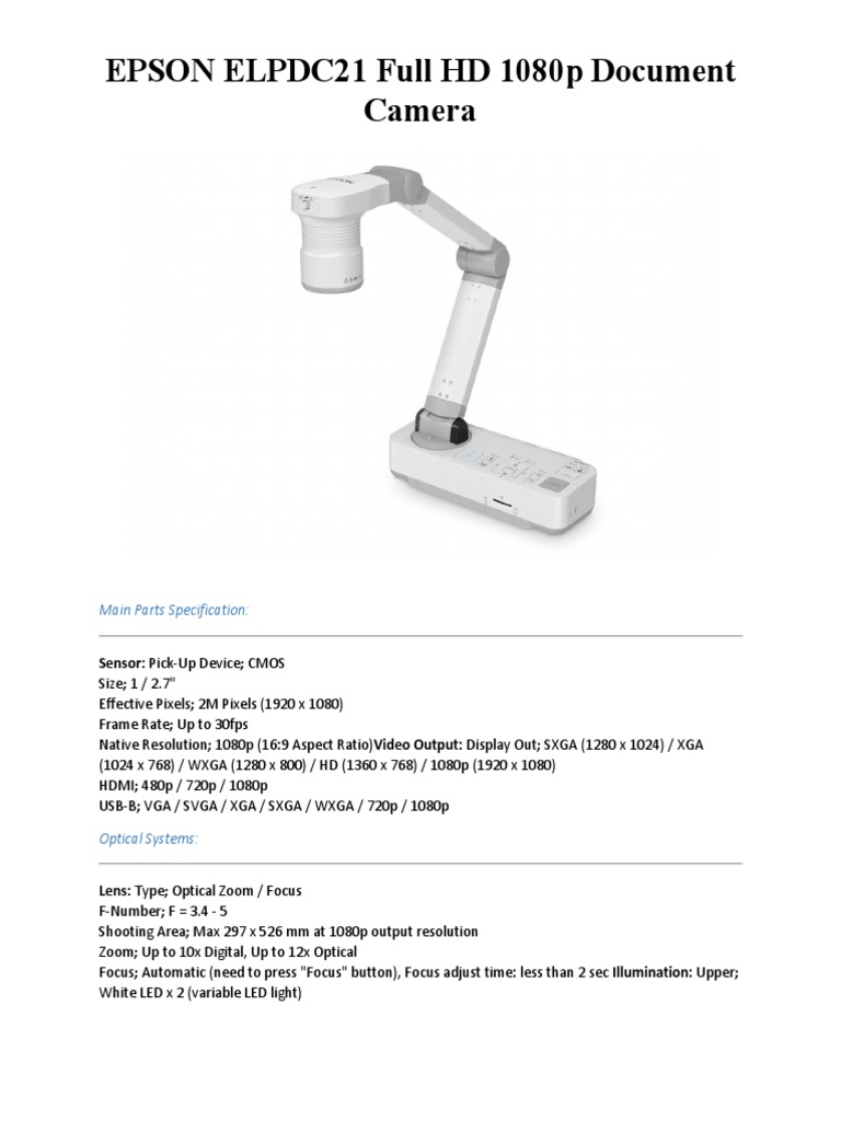 EPSON ELPDC21 Full HD 1080p Document Camera PDF Filmmaking Film