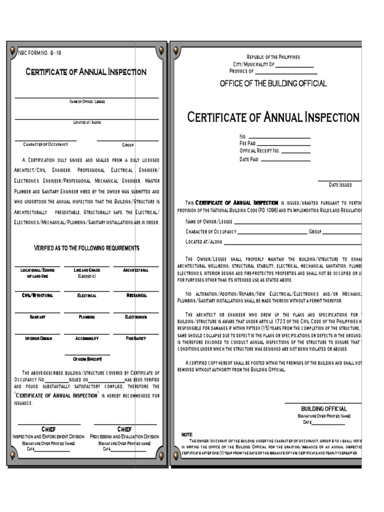 Certificate Of Annual Inspection Architect Plumbing
