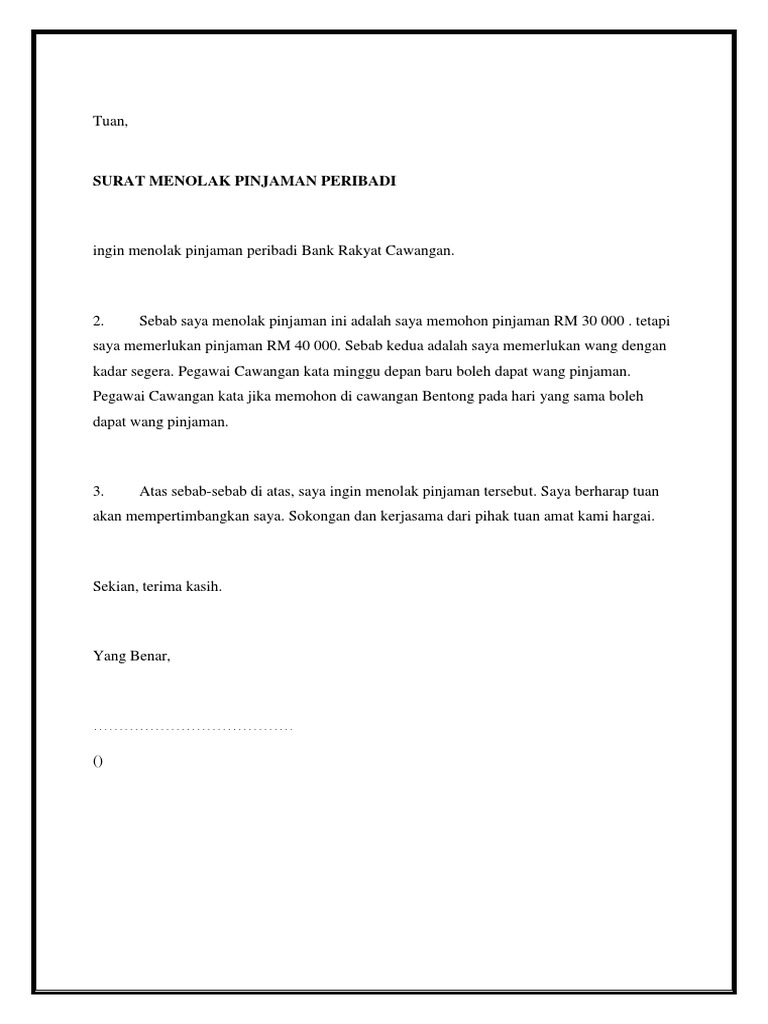 Surat Menolak Pinjaman