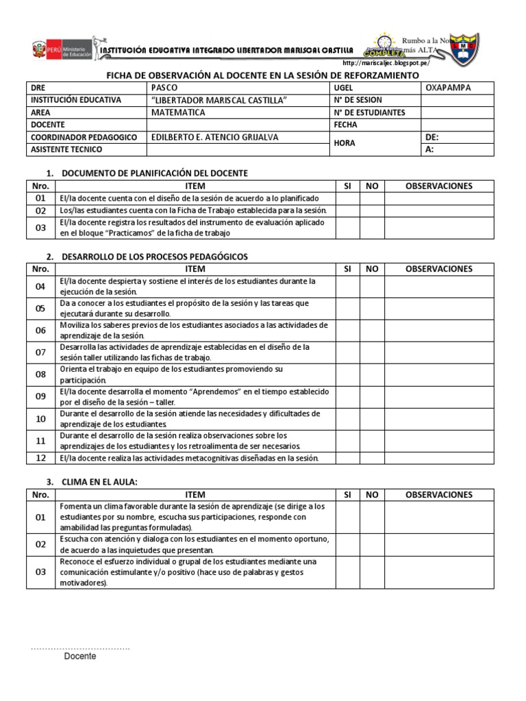 Ficha De Observacion Al Docente En La Sesion De Reforzamiento