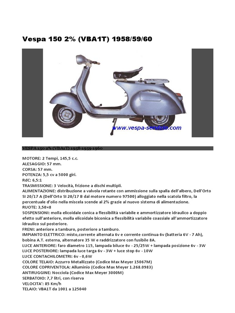 Vespa 150 Vba Scheda Tecnica