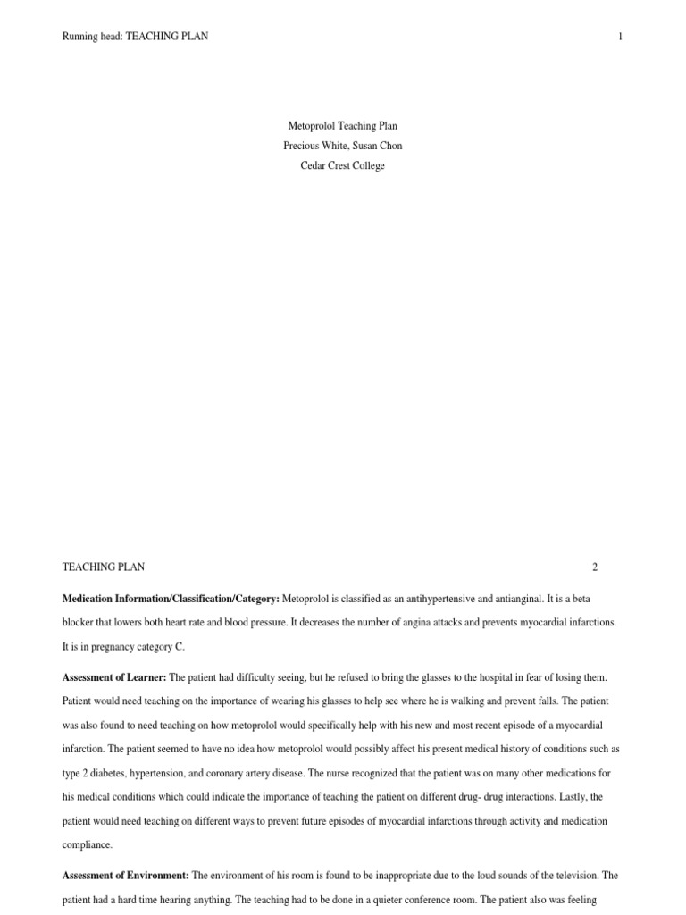 Metoprolol Teaching Plan Myocardial Infarction Heart