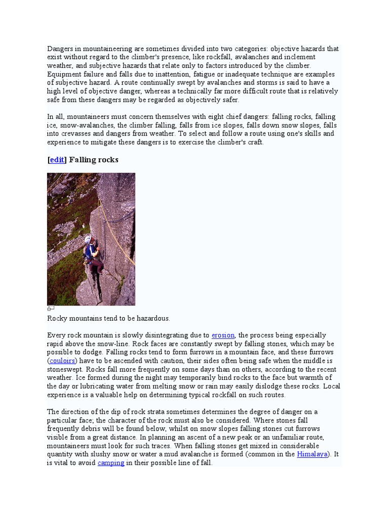 Dangers in Mountaineering Are Sometimes Divided Into Two Categories