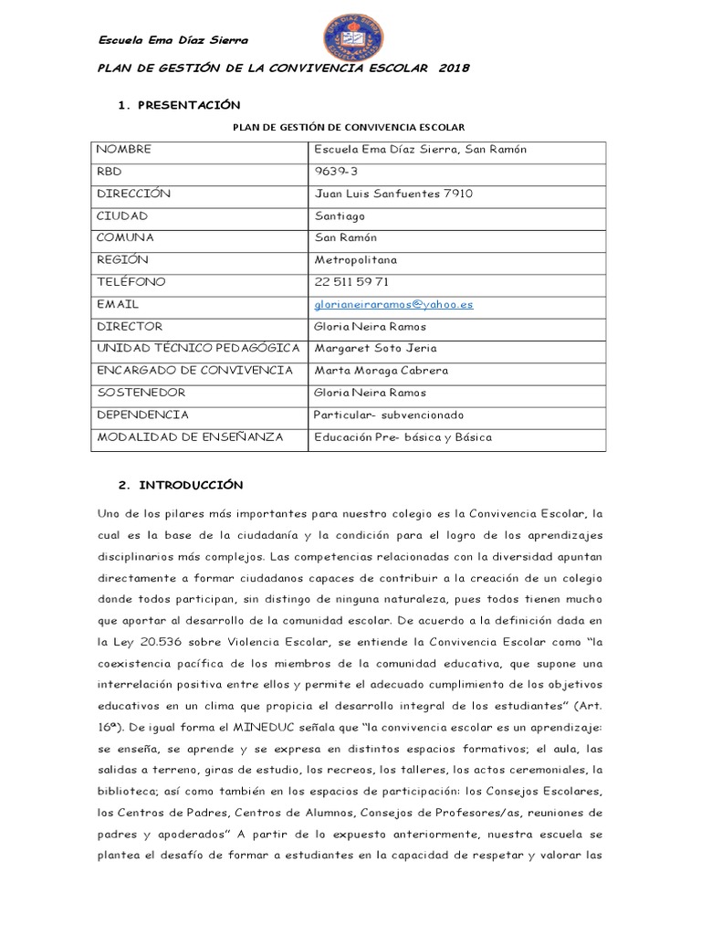 Plan de Gestión de Convivencia Escolar 2018 I Parte | PDF | Maestros ...