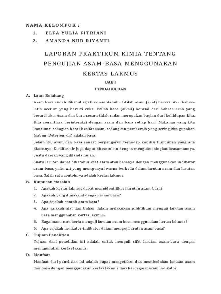 Laporan Praktikum Kimia Tentang Pengujian Asam