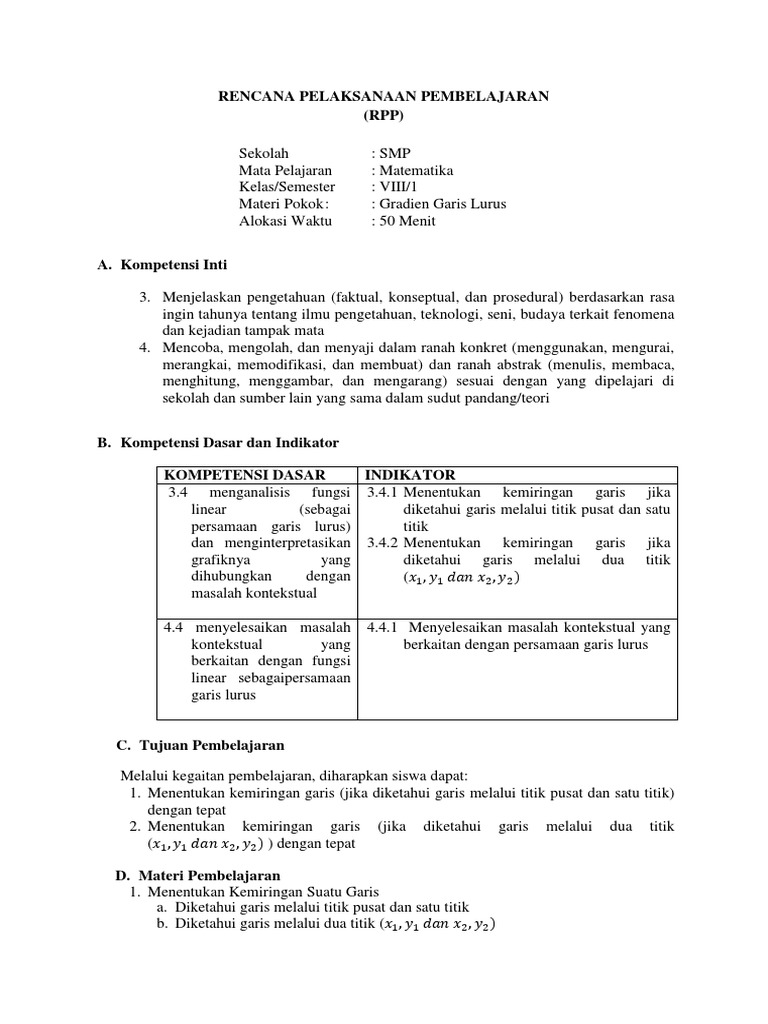 RPP VIII KD 3.4 Indikator 3.4.2 Gradien PGL | PDF | Metode & Bahan Ajar