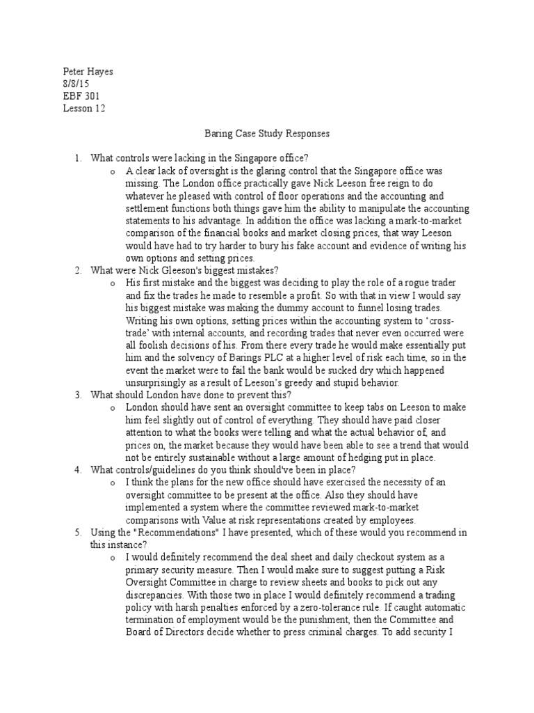Baring Case Study PDF Mark To Market Accounting Business