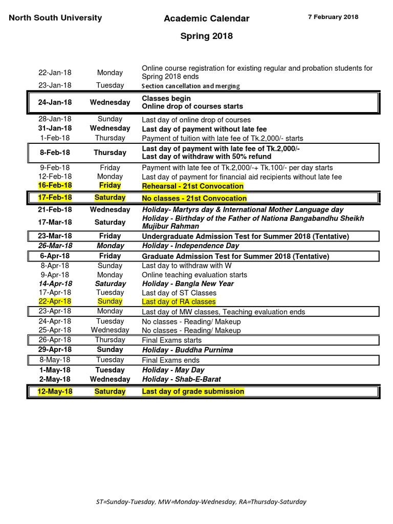 NSU Spring 2018 Academic Calendar | PDF | Academic Term ...