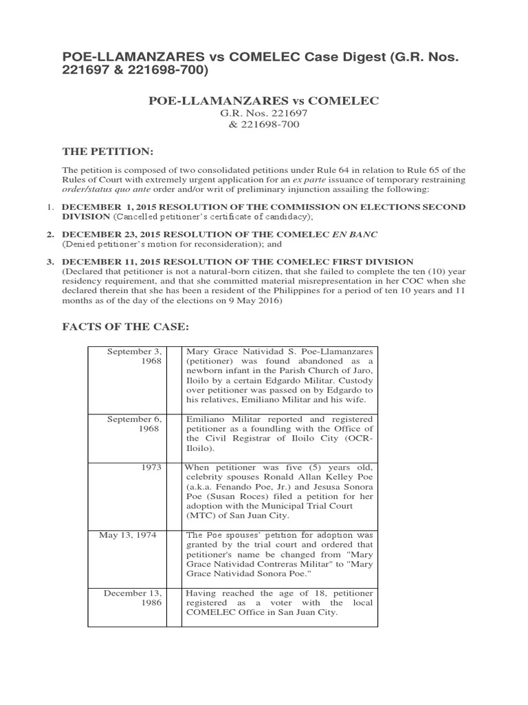 Poe llamanzares vs comelec g r no 221697 march 8 2016 case