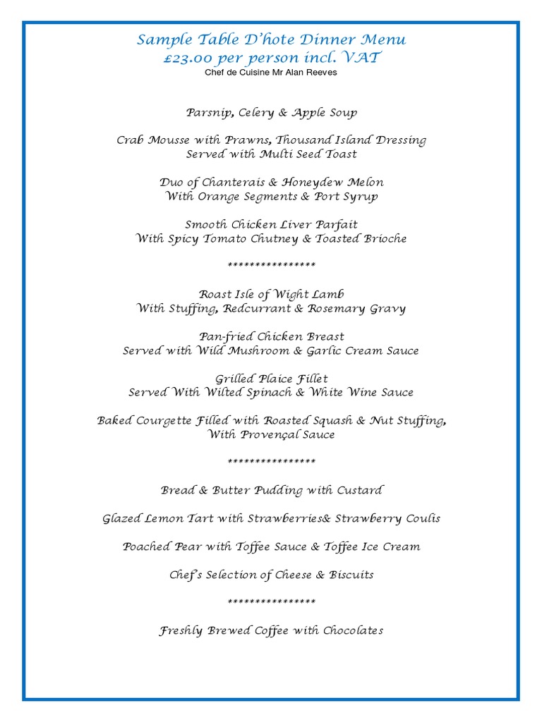 Sample Table D'hote Dinner Menu 23.00 Per Person Incl. VAT: Chef de ...