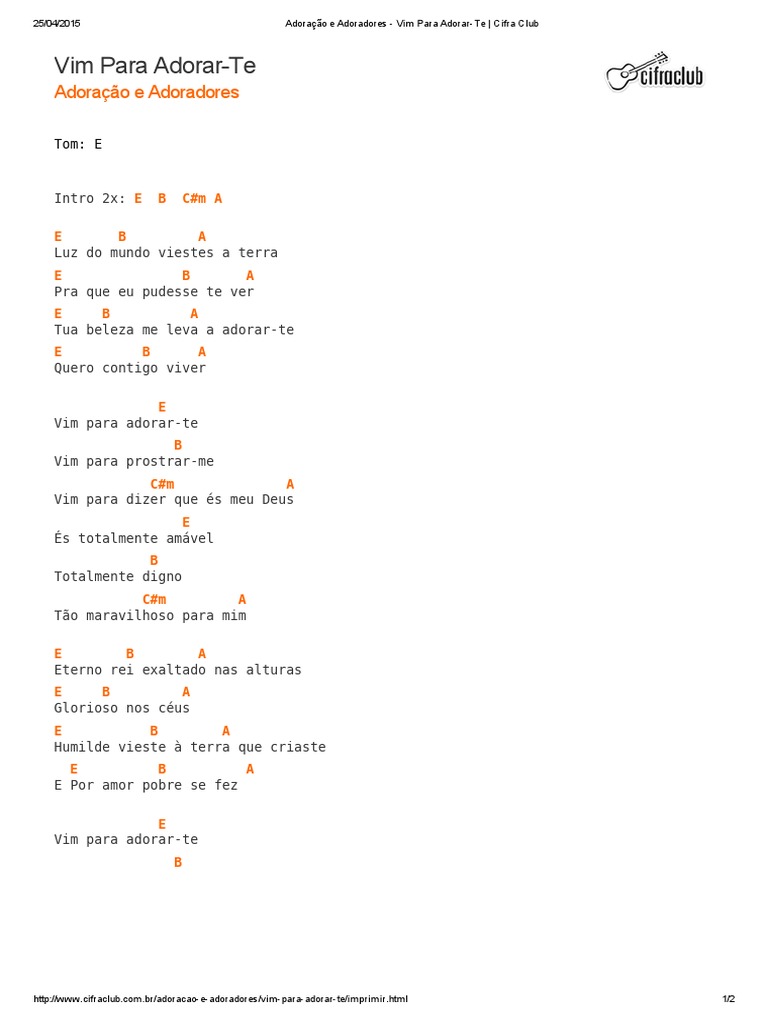 Adoração e Adoradores Vim para AdorarTe Cifra Club Textos