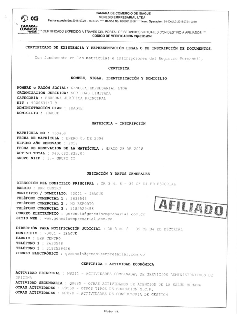 Certificado Camara de Comercio Genesis | PDF