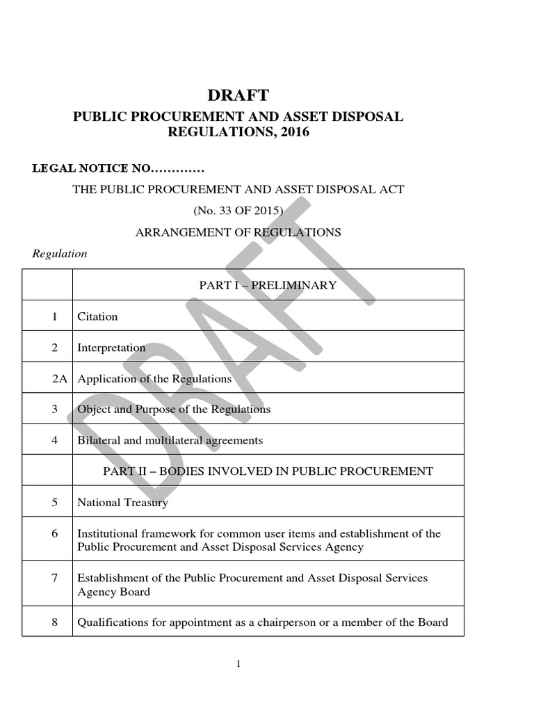 Draft Public Procurement and Asset Disposal Regulations 2016 1 PDF ...