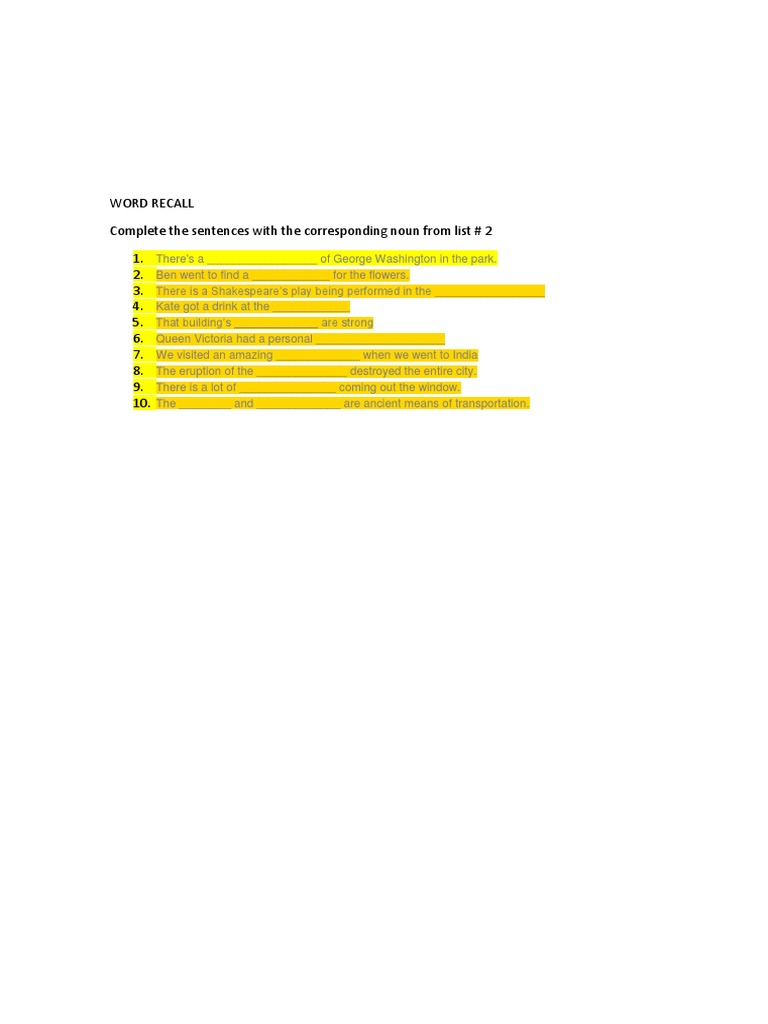 Word Recall Exercise: Fill in the Blanks | PDF