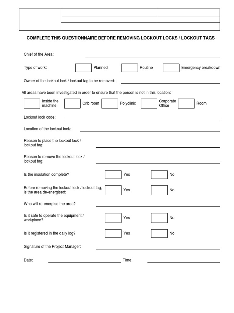 Lockout/Tagout Removal Checklist | PDF | Technology & Engineering