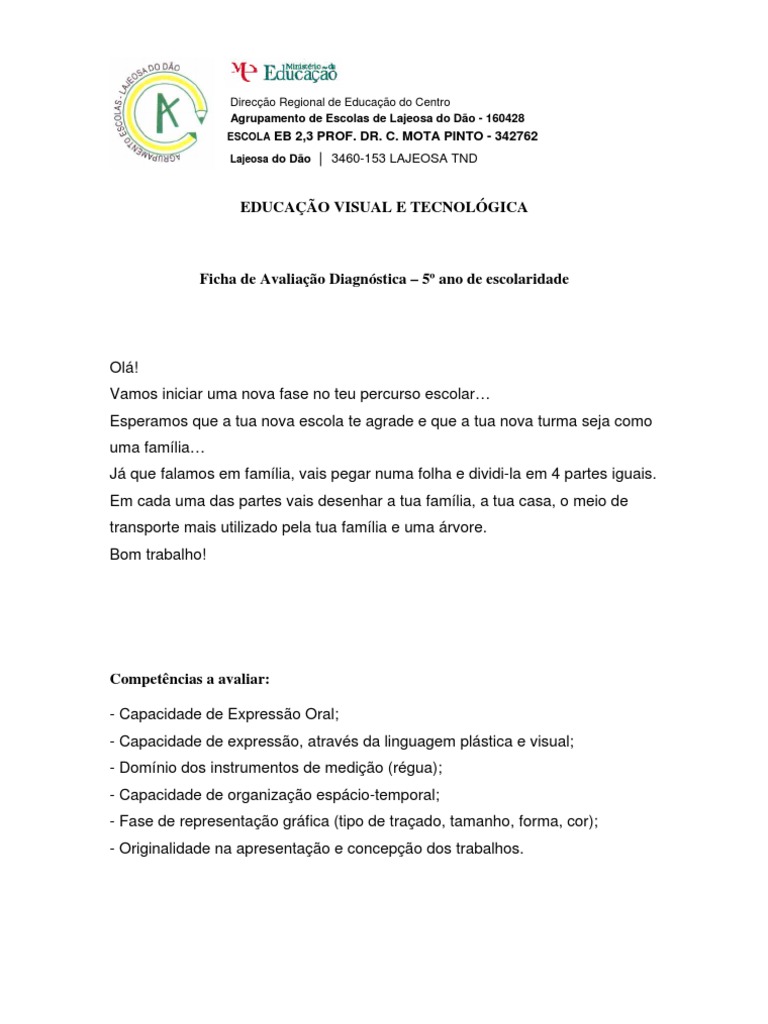 Ficha Avaliação Diagnóstico - EVT - 5ºano | PDF